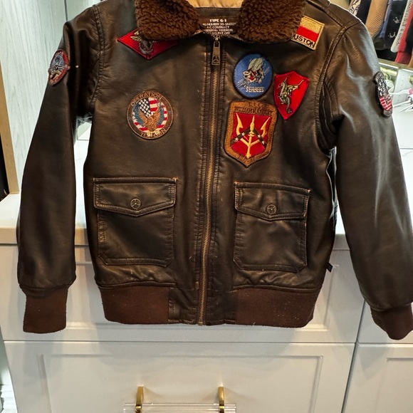 Other - Brown Leather Aviator Bomber Jacket with Patches Top Gun size 8